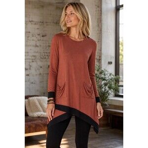 LOGO by Lori Goldstein Asymmetrical Tunic Top Rust Brown Black Hem Long Sleeve M